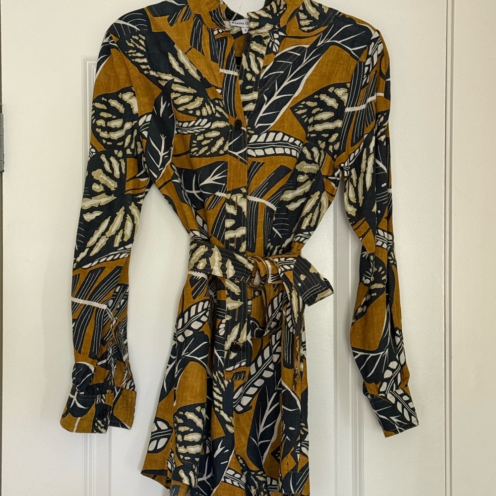 Karina Grimaldi Gold and Black Wrap Jumpsuit with Bell Sleeves